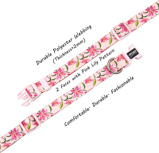 Basic Dog Collar, Lily Floral Pattern, Soft And Durable Polyester Material, Adjustable Length, For Puppy Dogs.(Extra Small, Pink Lily)