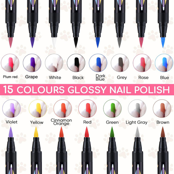 15 Colors Dog Nail Polish Pens Quick Dry, Pet Nail Polish Set For Dogs Diy Dogs Puppy Nails, Dog Safe Nail Polish Non Toxic, Odorless, Easy To Apply