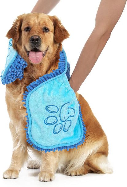 Ompaa Chenille Dog Drying Towel, Dirty Dogs Shammy Towels Quick Absorber Microfiber Dog Bath Towels For Large Pet Cats Puppy Kitten Paws, Machine Washable, Blue