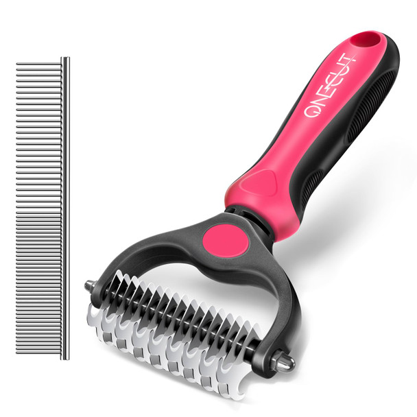 Onecut Pet Grooming Brush And Metal Comb Combo, Pet Grooming Rake And Brushes For Small, Medium & Large Dogs Double Sided Deshedding Tool Removes Knots And Tangled Hair (Red)