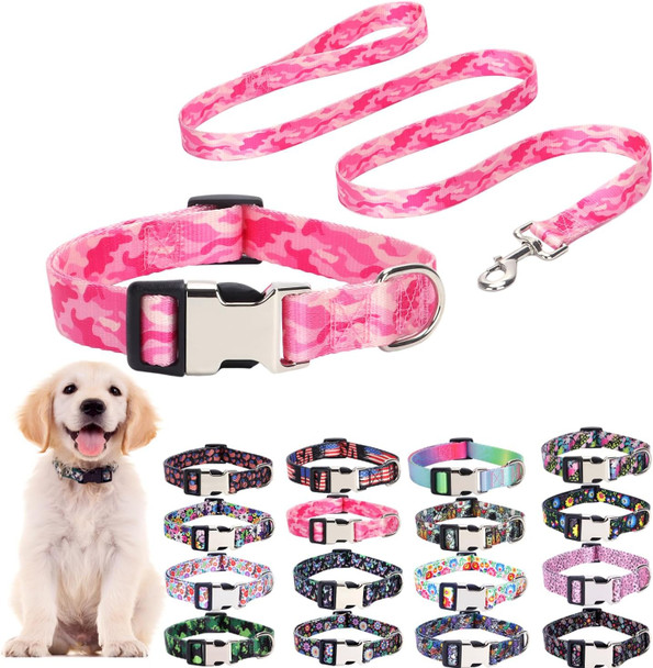 Pink Camo Dog Collar And Leash Set For Xs Small Medium Large, Adjustable Soft Nylon Collars With Girl Or Boy Puppy Dogs Cats Walking Running Training(Pink Camo Xs)