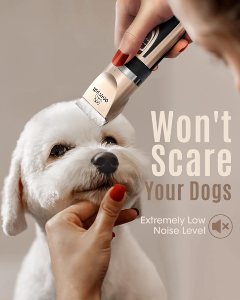 Oneisall Dog Clippers Low Noise, 2-Speed Quiet Dog Grooming Kit Rechargeable Cordless Pet Hair Clipper Trimmer Shaver For Small And Large Dogs Cats Animals (Gold)