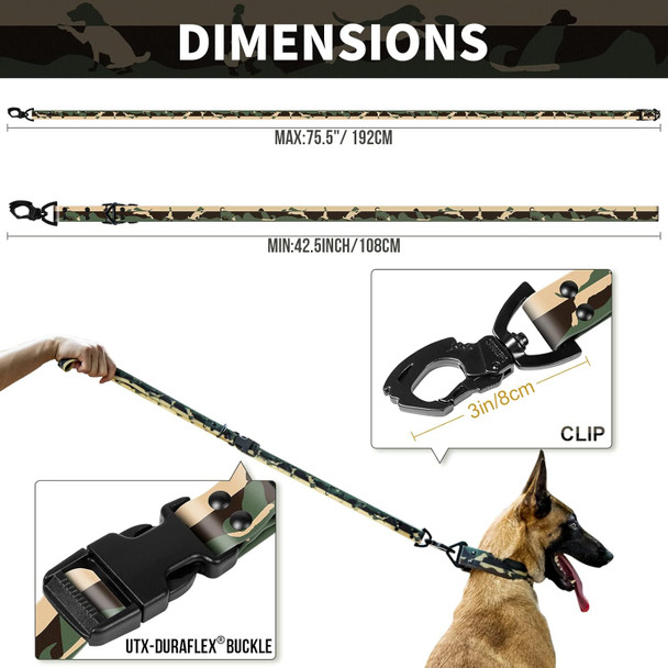 Onetigris Dog Leash For Large Medium, Jungle Waterproof Pvc Canine Dog Leash 6.3 Ft Camouflage Canine Walking Lead No-Tangle Length Adjustable With Traffic Control Handle
