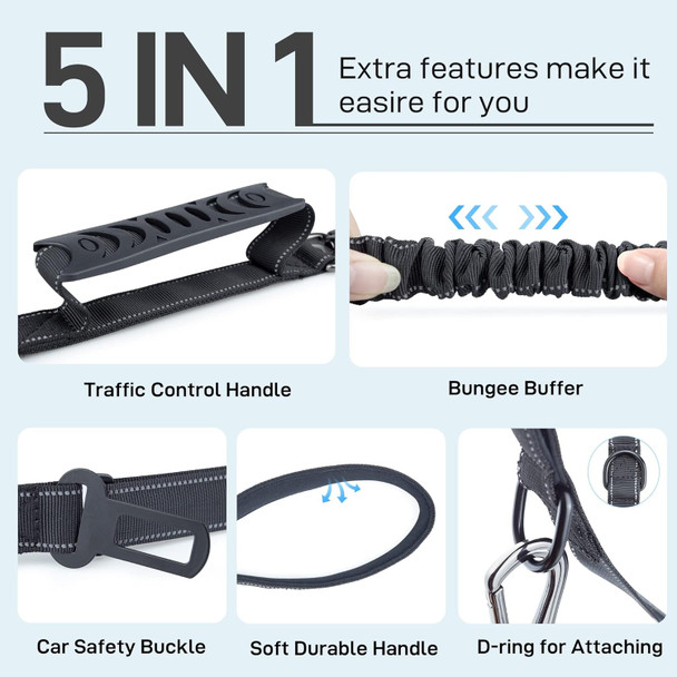 Heavy Duty Dog Leash, 4-6Ft Tactical Strong Dog Bungee Leashes For Large Dogs Up To 150Lbs, Reflective Dog Leash With Car Seat Belt For Training, Walking Lead For Smll Medium Dogs (Black)