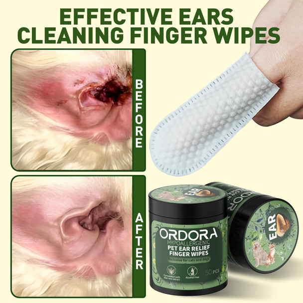 Ordora Pet Ear Finger Wipes For Dogs & Cats - Gently Remove Ear Wax, Debris - Sooths & Deodorizes - Relieve Ear Itching & Inflammation, Dog Ears Brushing Kit Dental Wipes - 50 Pcs