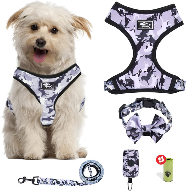 Dog Harness And Leash Set For Small Dogs, Adjustable Reflective No Pull Dog Vest Harness For Puppy With Bow-Tie Collar, Leash And Poop Bag (M, Grey Camouflage)