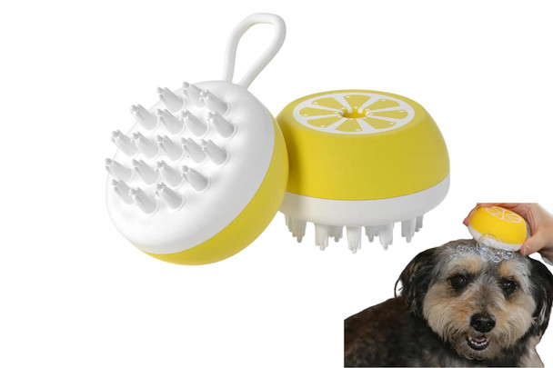Dog Cat Bath Brush, Premium Silicone, Lemon Design Brush, Grooming, Loose Hair Removal (Teeth) (Yellow)