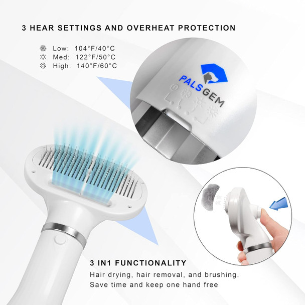 Dog Hair Dryer - Portable And Quiet 3 In 1 Pet Grooming Hair Dryer Blower With Slicker Brush - Small And Medium Cats And Dogs - Adjustable Heat Setting