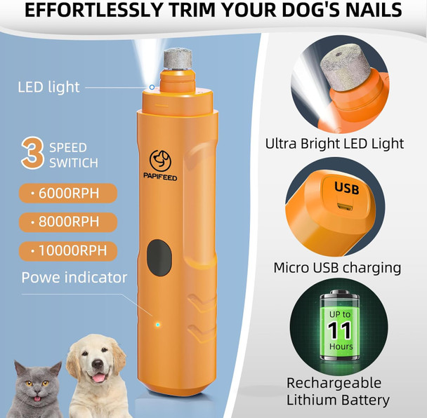 Dog Nail Grinder With 2 Led Light,3-Speed Rechargeable Dog Nail Trimmer, d Powerful Electric Dog Toe Nail File Quiet Painless, Paws Grooming For Small Medium Large Dogs -Orange