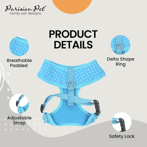 Parisian Pet Dog Harness - Adjustable Polka Dot Dog Vest Harness - 100% Mesh Fabric No Pull Dog Harness Medium-Sized Dog - Cooling Dog Harness For Walking, Running, And Hiking - Blue - M