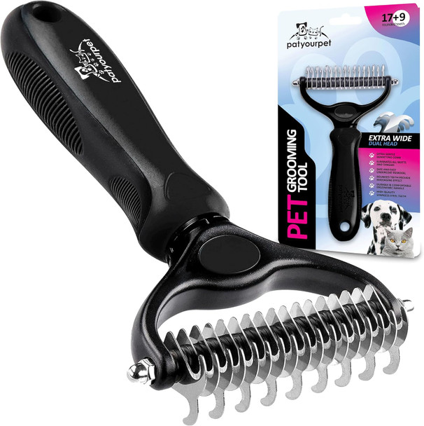 Pat Your Pet Deshedding Dog Brush - Double Sided Undercoat Grooming Rake For Dogs & Cats, Dematting Comb And Shedding Tool, Extra Wide, Black