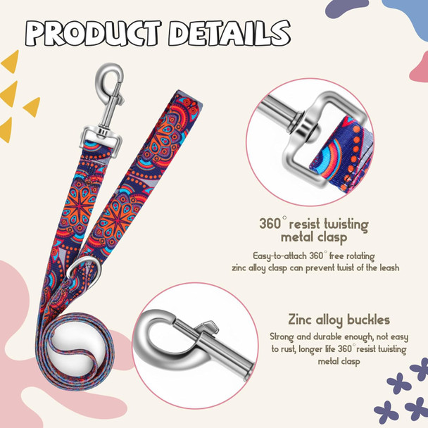 Transfer Printing Dog Collar And Leash Set, 4 Ft/5 Ft Polyester Adjustable Dog Collar With Quick Release Buckle Heavy-Duty D-Ring, Strong Zinc Alloy 360° Clasp Dog Leash,Ethnic Trend,S
