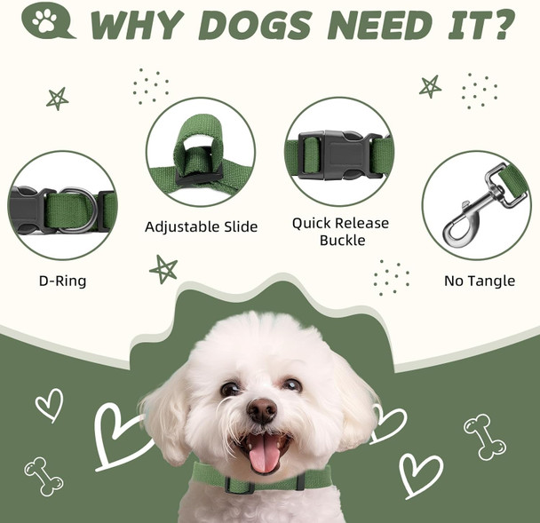 Olive Green Dog Collar And Leash Set For Medium Dogs,90% Rayon Derived From Bamboo, 10% Polyester Adjustable Dog Leash Collar Set, Medium Dog Collar 4 Ft Dog Leash