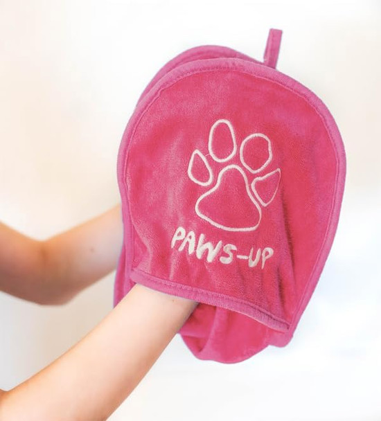 Paws-Up Paw Cleaning Towel For Dogs Removes Mud Dirt Grass Sand Allergens Machine Washable Microfiber Also Great For A Quick Dry Puppy Bath Towel With Two Hand Pockets For Control. 25.5” X 9” Pink