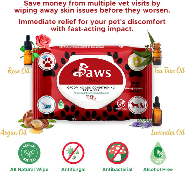 Pawsfurus All-Natural Pet Wipes For Dogs & Cats - Doctor-Formulated For Total Pet Care With Antifungal & Antibacterial Protection, Ph Balancing, Moisturizing, Deodorizing & Fast Itch Relief - 72Ct.