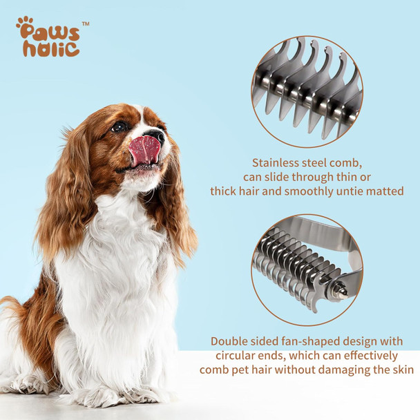 Undercoat Rake For Dogs - Pawsholic Professional Pet Shedding Dematting Comb With Wood Handle, Deshedding Undercoat Brushes With Stainless Steel Blades For Pet Cats Dogs Matted Hair Tangles Removing