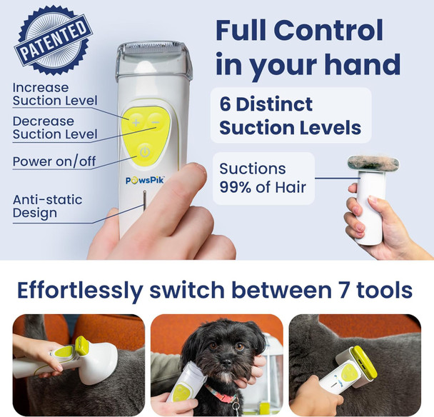 Professional Dog Grooming Vacuum Kit, Dogs & Cats, Direct Handheld Control, 7 Grooming Tools, Deshedding And Dematting For Grooming, Large 2.2L Dust Bin, Ul, Hepa Filter