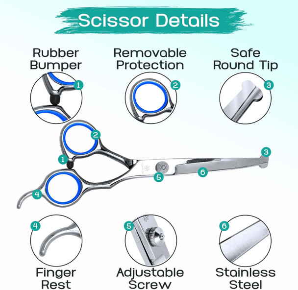 Professional Pet Grooming Kit – 6 In 1 Dog Grooming Scissors Kit - Dog & Cat Grooming Supplies - Adjustable Screw Scissors, 4Cr Stainless Steel Dog Clippers, Hair Thinning Shears, Rubber Grips