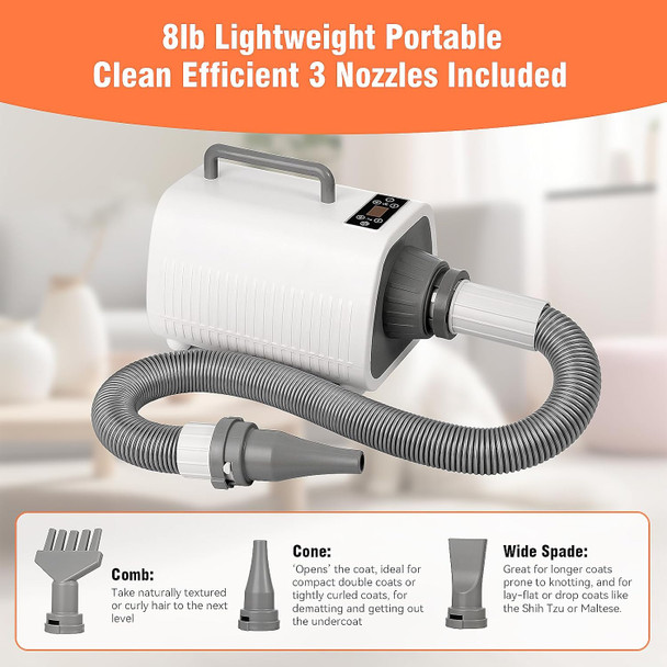 Dog Blow Dryer Quick-Drying, Ionic Dog Hair Dryer Blower With Heater, High Velocity Dog Dryer For Pet Grooming, Cat Dryer, 9 Heat & Speed Settings, 3 Nozzles - Grey