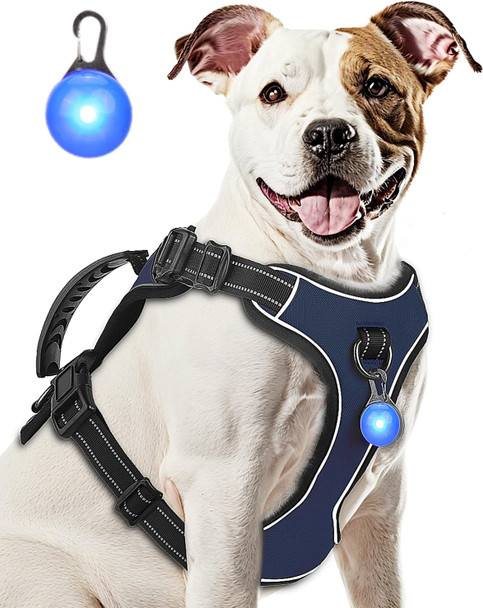 Dog Harness Navy Blue No Pull Y Shaped For Medium Sized Dog, Small To Large Dogs Reflective Adjustable Easy Walk Puppy Harnesses,Heavy Duty Girl Boy Pet Vest 3 Buckle With Handle & Light,M