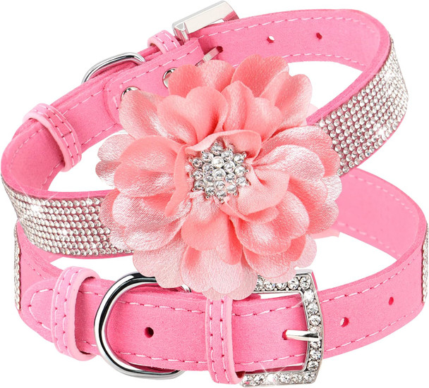 Pet Artist Pink Flower Rhinestone Fancy Dog Collar Adjustable Soft Suede Cute Girl Dog Collar For Female Dog Breeds,Pink M
