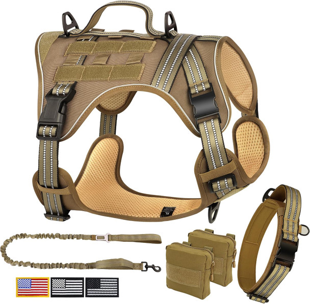 Pet Artist Tactical Dog Vest Harness No Pull And Metal Buckled Military Dog Collar With Handle For Better Control With Bungee Dog Leash And Pouches For Medium Large Dogs Walking Hiking Training