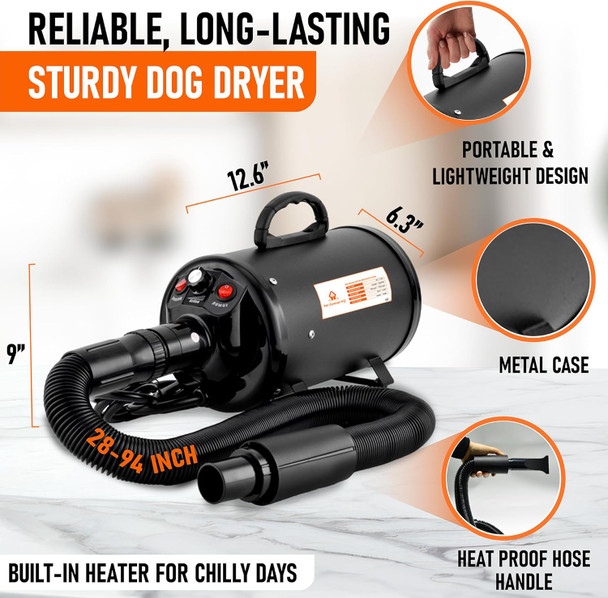 Dog Dryer For Pet Grooming - Professional High Velocity Blow Dryer For Dogs - Pet Hair Dryer Blower - Dog Blow Dryer Heater With 4 Different Nozzles