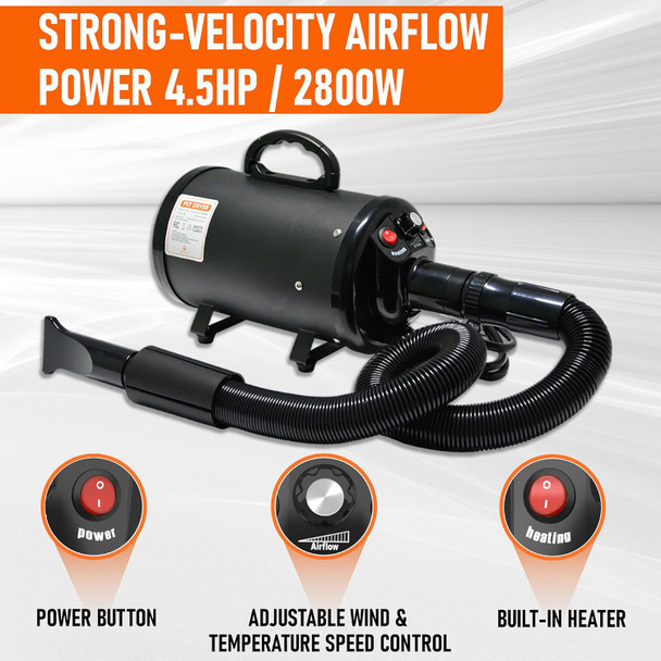 Dog Dryer For Pet Grooming - Professional High Velocity Blow Dryer For Dogs - Pet Hair Dryer Blower - Dog Blow Dryer Heater With 4 Different Nozzles