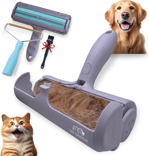3-Piece Pet Hair Removal Tool Kit - Cat And Dog Hair Remover For Furniture, Couch, Carpet, Car, Clothing - Reusable Lint Roller And Carpet Rake - Durable, Eco-Friendly, Easy To Use