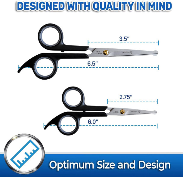 Pet Magasin Japanese Stainless Steel Grooming Scissors (2) For Facial Hair And Larger For Body Trimming With Round Tip - Black