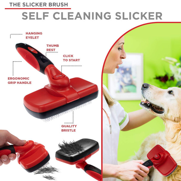Complete Professional Pet Grooming Kit With Pet Hair Removal Tool Brush Gloves, Self Cleaning Slicker Brush, And Pro Grooming Dog Brush Deshedder Comb To Reduce Shedding (Red)