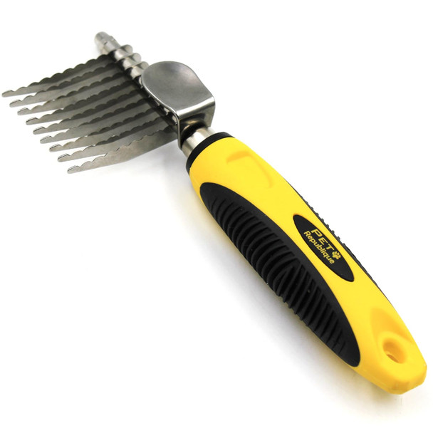 Dog Dematting Tool For Dogs And Cats - Dematting Comb Rake For Undercoat And Mat Brush - Knot Out For Dogs, Cats, Rabbits, Any Long Haired Breed Pets - Rake 9 Serration Teeth Design