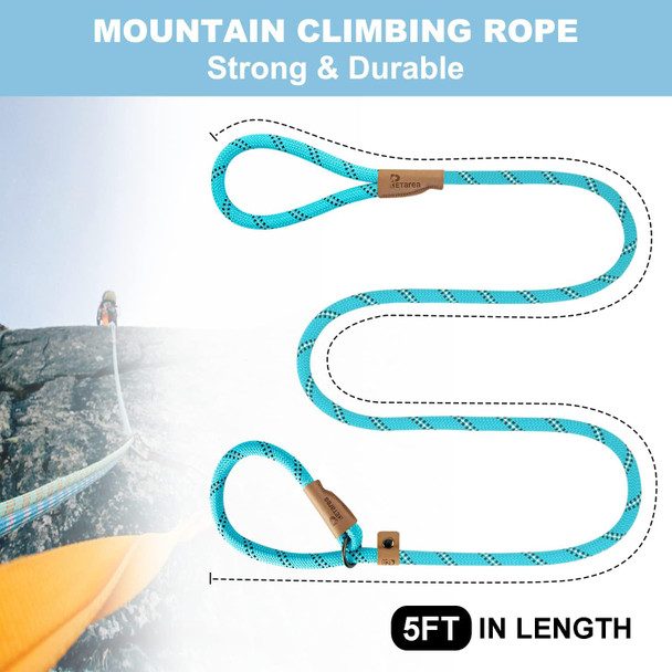 5 Ft Slip Lead Dog Leash, Heavy Duty Rope Leash For Small Medium Large Dogs, No Pull Training Lead With Reflective Thread, Strong Comfortable Loop Leash (Teal Stripe, Medium(3/8))