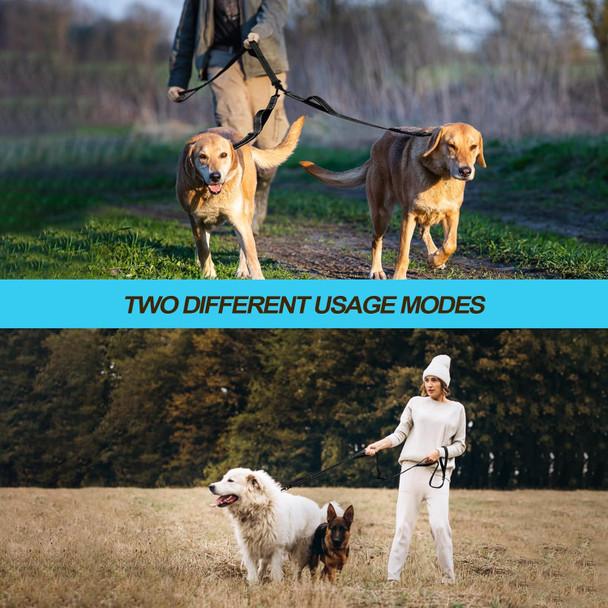 Petbonus Double Dog Leash, No Tangle Dual Dog Leash, Reflective Walking Training Leash, 4 Comfortable Padded Handles For 2 Dogs With Collapsible Bowl And Waste Bags (Black, Large)