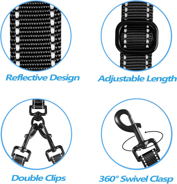 Petbonus Double Dog Leash, No Tangle Dual Dog Leash, Reflective Walking Training Leash, 4 Comfortable Padded Handles For 2 Dogs With Collapsible Bowl And Waste Bags (Black, Large)