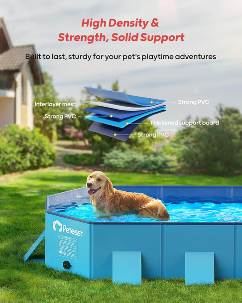 Peteast Foldable Dog Pool With Unique Octagonal Design, Scratch Resistant 71 Lx39 Wx12 D Extra Large Pet Bathtub With Reinforced Sidewalls For Stability, Portable Pool Indoor Outdoor (Blue)