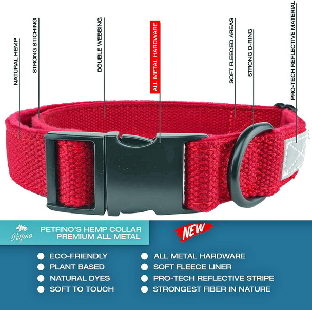 Premium Natural Hemp Dog Collar With Metal Buckle For Small Medium Large Dogs With Extra Soft Fleece Liner Padded Fleece-Lined ( Matching Hemp Leash Not Included) (Medium, Metal Pure Red)