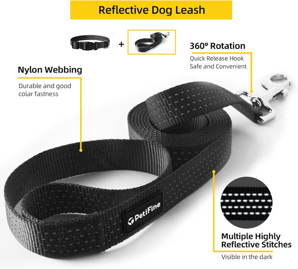Petifine Reflective Dog Collar, Adjustable Classic Nylon Dog Collars For Small/Medium/Large Dogs, High Visibility Dog Collars With Quick Release Buckle (Collar+Leash M, Black)