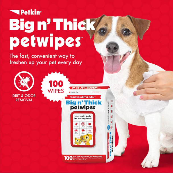 Petkin Pet Wipes For Dogs And Cats, 100 Large Wipes - Removes Dirt & Odor Like Washing Hands - Cleans Ears, Face, Butt, Eye Area - Convenient, Ideal For Home Or Travel - 1 Pack Of 100 Wipes