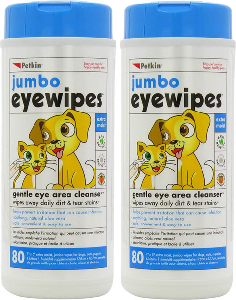 Petkin Jumbo Pet Eye Wipes, 80 Extra Moist Wipes, 2 Pack - Natural Formula Gently Removes Dirt, Discharge, & Tear Stains - Safe, Convenient, & Easy To Use Pet Wipes For Dogs, Cats, Puppies & Kittens