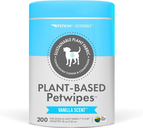 Petkin Plant-Based Petwipes, 200 Wipes - Biobased, Sustainable, Big & Thick Pet Wipes For Dogs & Cats - For Face, Paws, Ears, Body & Eye Area - Consciously Cleans & Conditions - Vanilla
