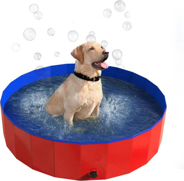 Foldable Dog Pool - 47X12In Pet Pool - Durable Pvc Outdoor Pool With Drain For Grooming, Bathing, Or Play - Dog Pools For Large Dogs By Petmaker (Red)