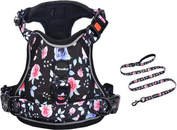 Petmolico No Pull Dog Harness And Leash Set, No Choke 4 Leash Attchments Easy Control Handle Soft Padded Reflective Vest Dog Harness For Large Dog Breed, Rose Large