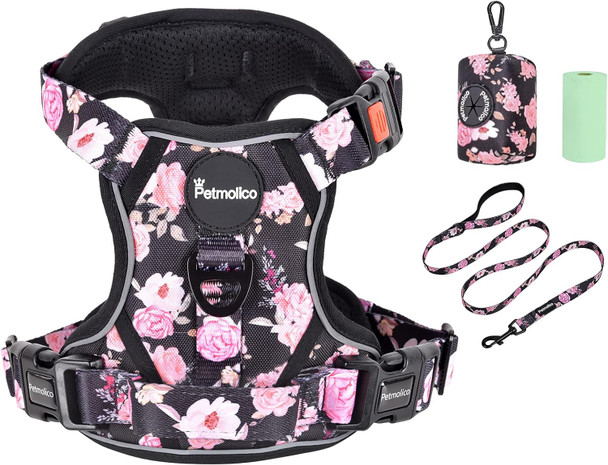 Petmolico No Pull Dog Harness Set, 2 Leash Attchment Easy Control Handle Reflective Vest Dog Harness Medium Breed, Medium Dogs Harness And Leash Set With Poop Bag Holder, Medium Pink Rose
