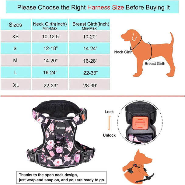Petmolico No Pull Dog Harness Set, 2 Leash Attchment Easy Control Handle Reflective Vest Dog Harness Medium Breed, Medium Dogs Harness And Leash Set With Poop Bag Holder, Medium Pink Rose
