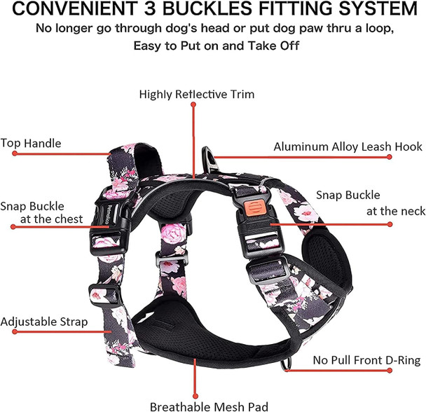 Petmolico No Pull Dog Harness Set, 2 Leash Attchment Easy Control Handle Reflective Vest Dog Harness Medium Breed, Medium Dogs Harness And Leash Set With Poop Bag Holder, Medium Pink Rose