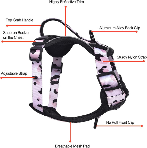 Petmolico Dog Harness For Small Dogs No Pull, Cute Dog Harness With Two Leash Clips And Soft Handle, Reflective Easy Walk Dog Harness With Leash, Pink Leopard Small