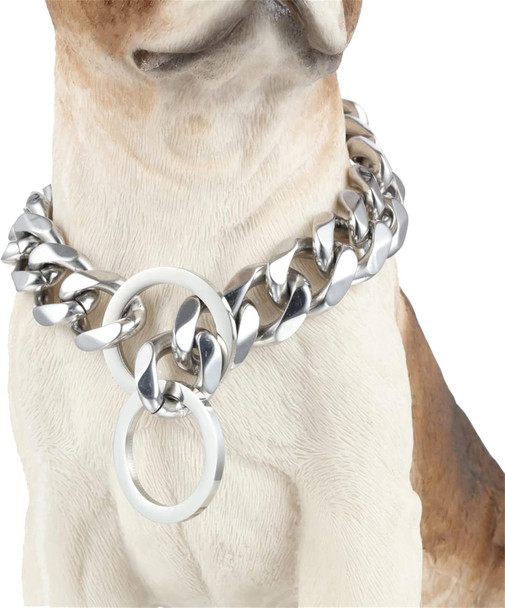 Silver Dog Collar, Heavy Duty Stainless Steel Martingale Slip Cuban Link Necklace Dog Collar For Medium Large Dogs