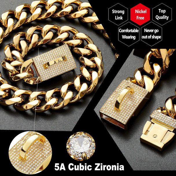 Gold Chain Cuban Link Dog Collar With Cz Lock,19Mm Width Stainless Steel Personalized Luxury Necklace Dog Collar For Large Medium Dogs