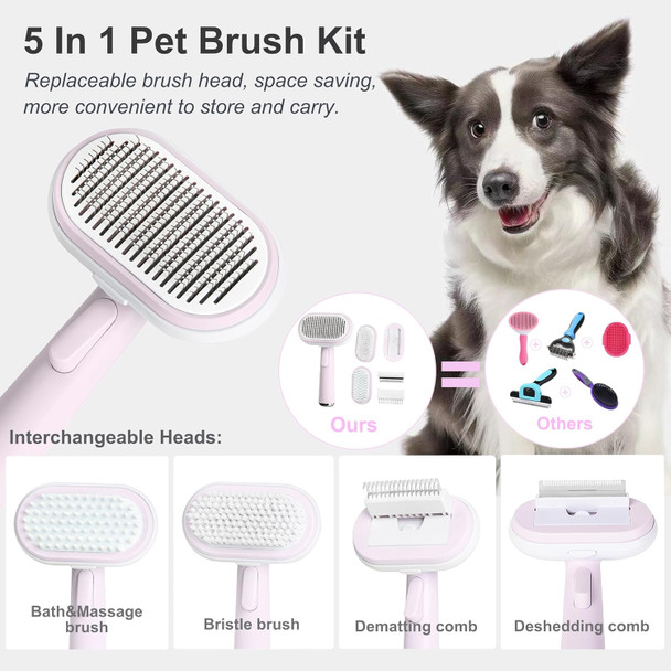 5 In 1 Pet Grooming Brush Kit,Dog&Cat Self Cleaning Slicker Brush For Shedding.Dematting&Deshedding Dog Brush,Dog Hair Brush,Suitable For Small&Large,Long&Short Haired Pets.(Pink)